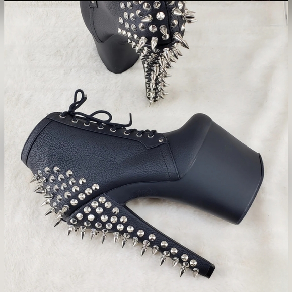 Pleaser Black Spiked Leather Stilettos - Picture 8 of 16